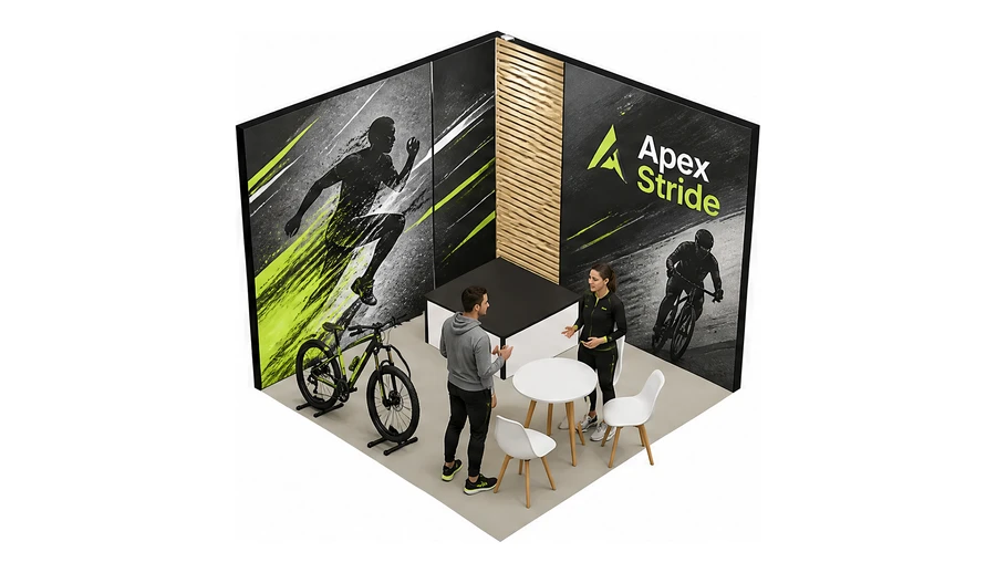 Stoisko 3 × 3 m narożne prawe dla branży sprzęt sportowy, przykładowa marka Apex Stride