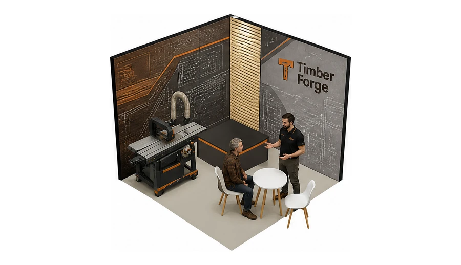 Stoisko 3 × 3 m narożne prawe dla branży maszyny do obróbki drewna, przykładowa marka Timber Forge
