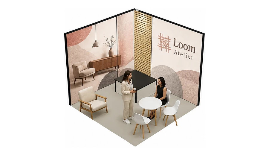 Stoisko 3 × 3 m narożne prawe dla branży meble designerskie, przykładowa marka Loom Atelier