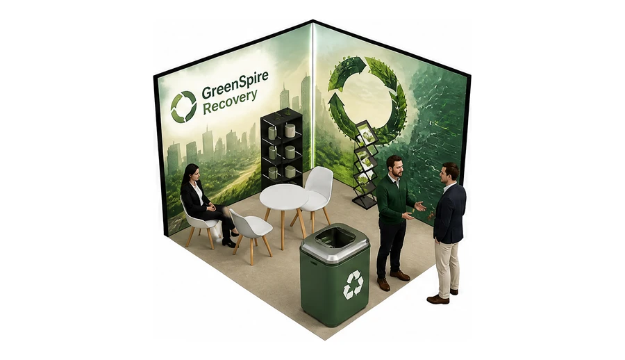 Stoisko 3 × 3 m narożne prawe dla branży recykling i ochrona środowiska, przykładowa marka GreenSpire Recovery