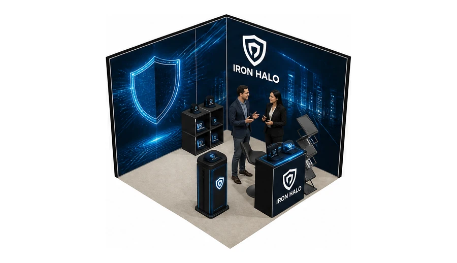 Stoisko 3 × 3 m narożne prawe dla branży cyberbezpieczeństwo, przykładowa marka Iron Halo