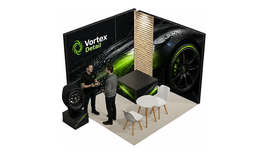 Stoisko 3 × 3 m narożne prawe dla branży tuning i detailing, przykładowa marka Vortex Detail