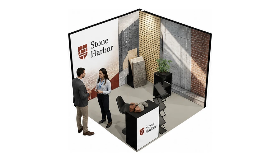 Stoisko 3 × 3 m narożne prawe dla branży materiały budowlane, przykładowa marka Stone Harbor