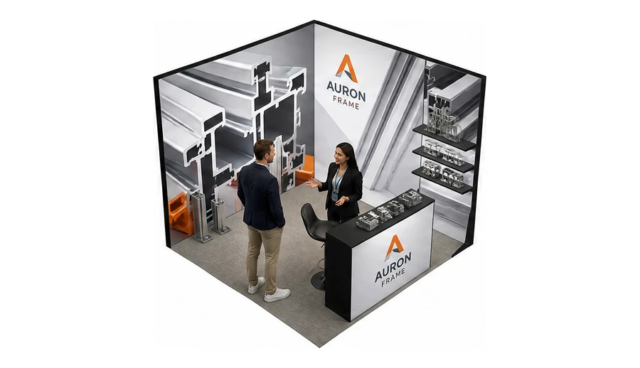 Stoisko 3 × 3 m narożne prawe dla branży profile aluminiowe, przykładowa marka Auron Frame