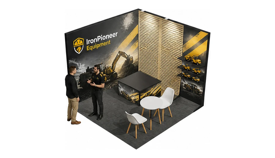 Stoisko 3 × 3 m narożne prawe dla branży maszyny budowlane, przykładowa marka IronPioneer Equipment