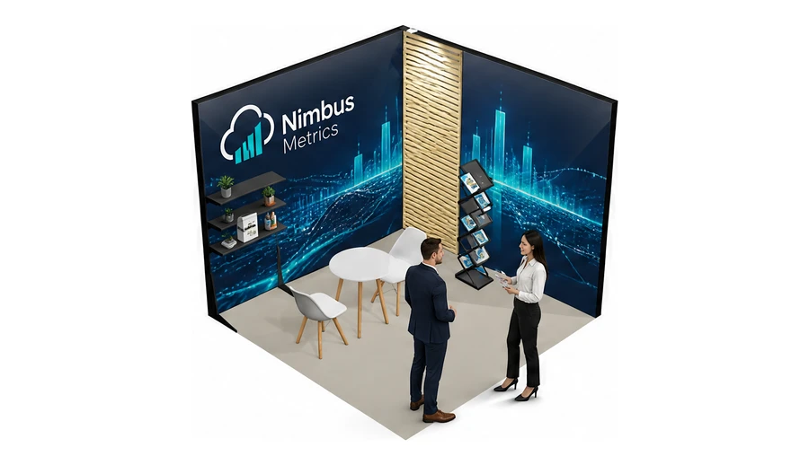 Stoisko 3 × 3 m narożne prawe dla branży sztuczna inteligencja i dane, przykładowa marka Nimbus Metrics
