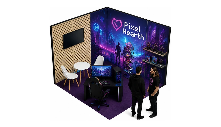 Stoisko 3 × 3 m narożne prawe dla branży gry wideo, przykładowa marka Pixel Hearth