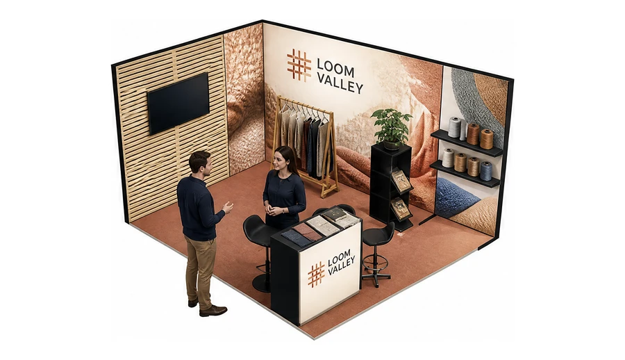 Stoisko 3 × 3 m narożne prawe dla branży tekstylia i tkaniny, przykładowa marka Loom Valley