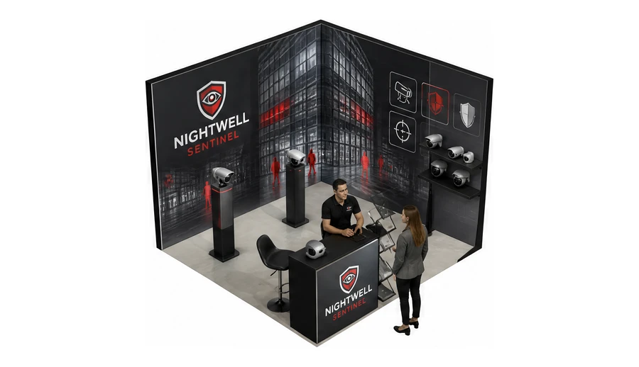 Stoisko 3 × 3 m narożne prawe dla branży systemy zabezpieczeń, przykładowa marka Nightwell Sentinel