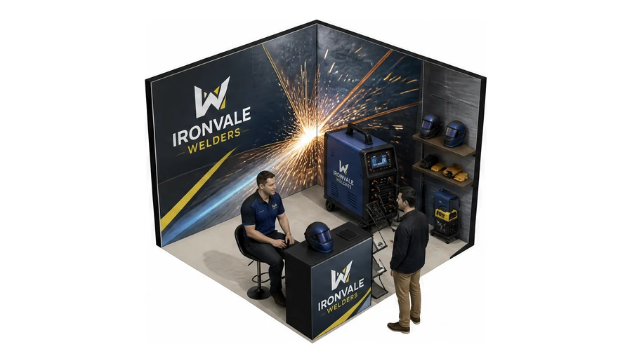 Stoisko 3 × 3 m narożne prawe dla branży spawalnictwo, przykładowa marka Ironvale Welders