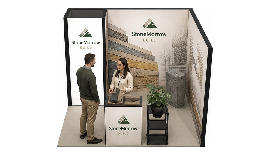 Stoisko 3 × 3 m narożne prawe dla branży materiały budowlane, przykładowa marka StoneMorrow Build