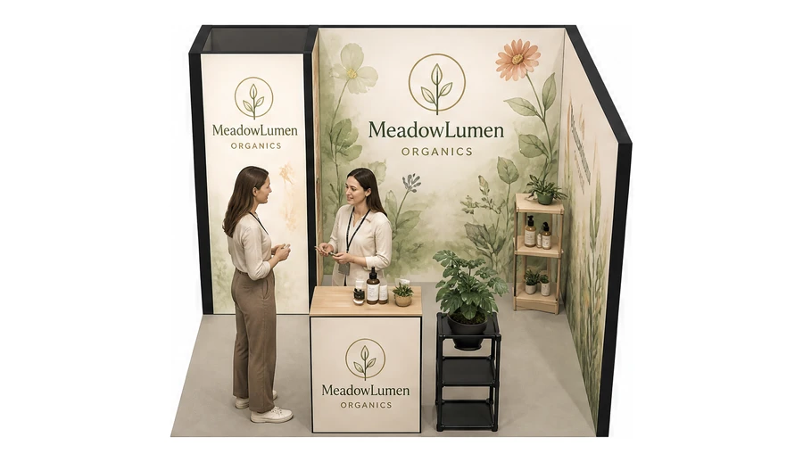Stoisko 3 × 3 m narożne prawe dla branży kosmetyki naturalne, przykładowa marka MeadowLumen Organics