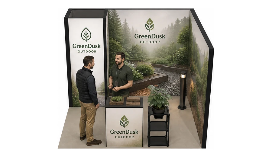 Stoisko 3 × 3 m narożne prawe dla branży ogród i architektura krajobrazu, przykładowa marka GreenDusk Outdoor