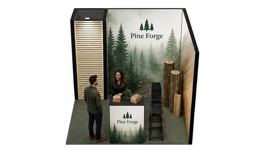 Stoisko 3 × 3 m narożne prawe dla branży leśnictwo i przemysł drzewny, przykładowa marka Pine Forge