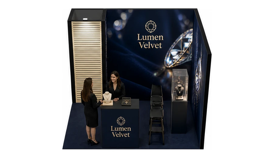 Stoisko 3 × 3 m narożne prawe dla branży biżuteria, przykładowa marka Lumen Velvet