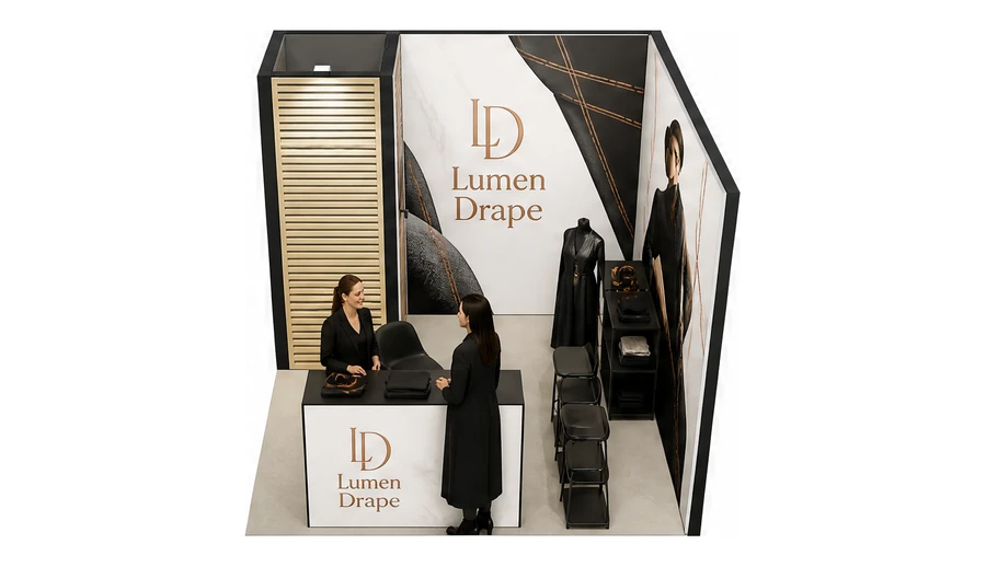 Stoisko 3 × 3 m narożne prawe dla branży odzież i moda, przykładowa marka Lumen Drape