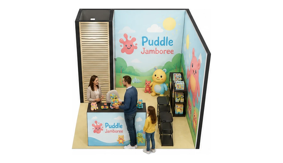 Stoisko 3 × 3 m narożne prawe dla branży zabawki i artykuły dziecięce, przykładowa marka Puddle Jamboree