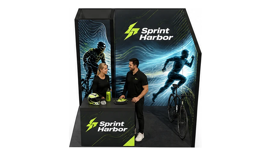 Stoisko 3 × 3 m narożne prawe dla branży sprzęt sportowy, przykładowa marka Sprint Harbor
