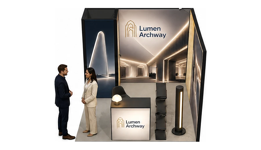 Stoisko 3 × 3 m narożne prawe dla branży oświetlenie, przykładowa marka Lumen Archway