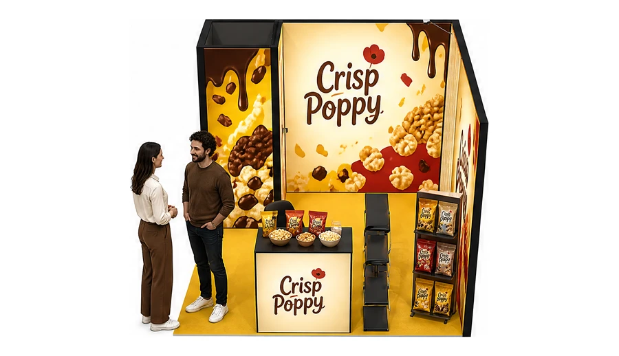 Stoisko 3 × 3 m narożne prawe dla branży słodycze i przekąski, przykładowa marka Crisp Poppy