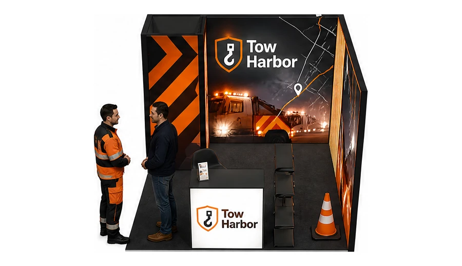 Stoisko 3 × 3 m narożne prawe dla branży pomoc drogowa i lawety, przykładowa marka Tow Harbor