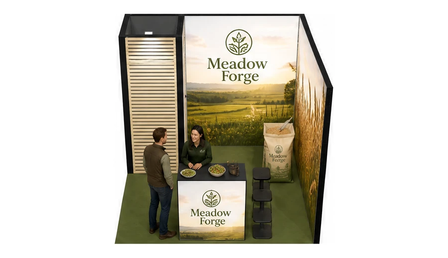 Stoisko 3 × 3 m narożne prawe dla branży hodowla i pasze, przykładowa marka Meadow Forge