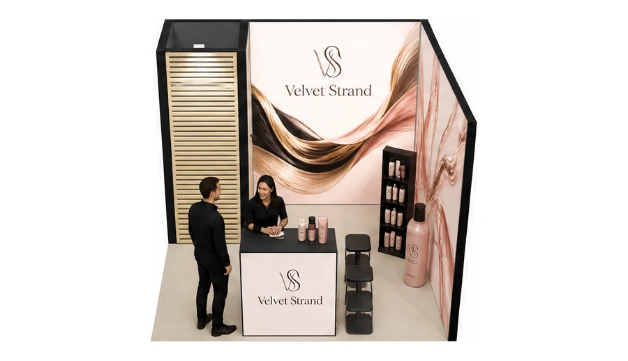 Stoisko 3 × 3 m narożne prawe dla branży fryzjerstwo i salony beauty, przykładowa marka Velvet Strand