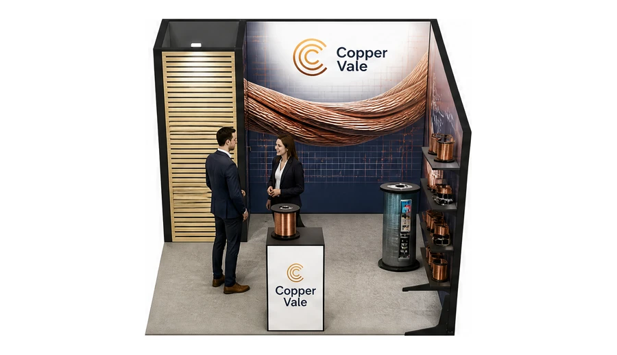 Stoisko 3 × 3 m narożne prawe dla branży kable i elektrotechnika, przykładowa marka Copper Vale