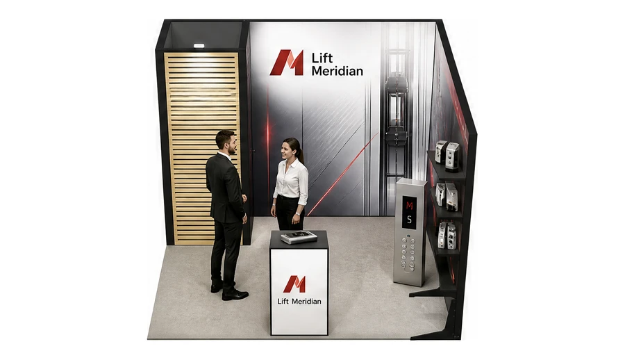 Stoisko 3 × 3 m narożne prawe dla branży dźwigi i windy, przykładowa marka Lift Meridian