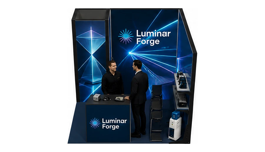Stoisko 3 × 3 m narożne prawe dla branży technika laserowa i fotonika, przykładowa marka Luminar Forge