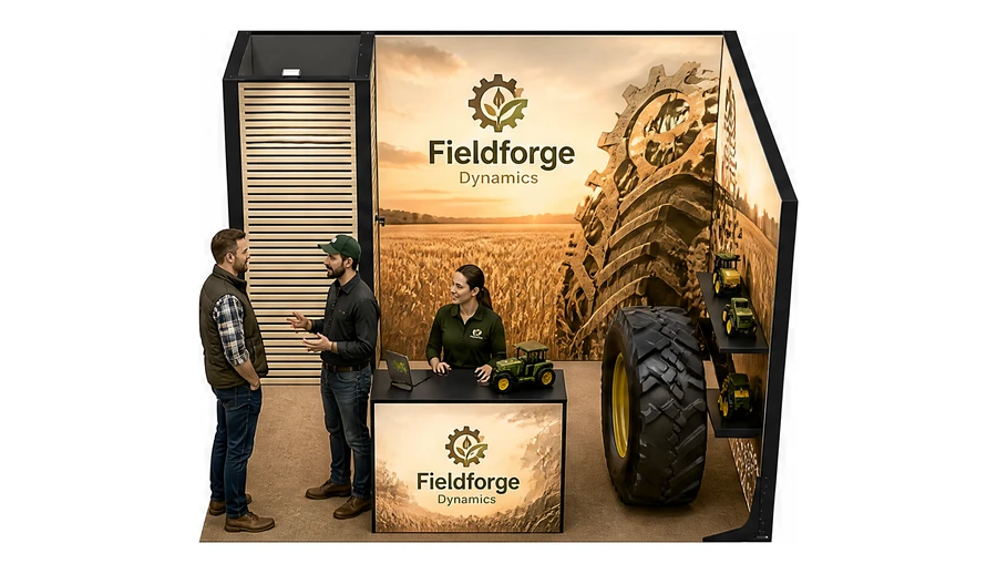 Stoisko 3 × 3 m narożne prawe dla branży maszyny rolnicze, przykładowa marka Fieldforge Dynamics