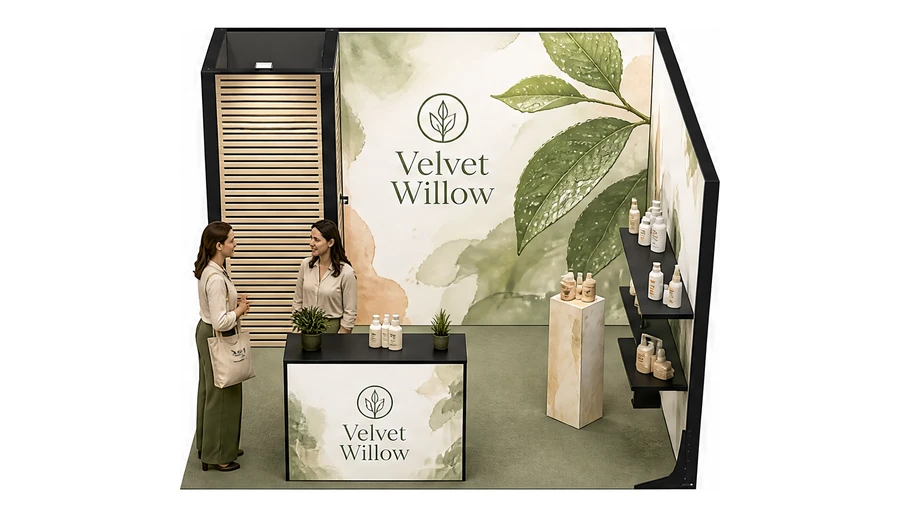Stoisko 3 × 3 m narożne prawe dla branży kosmetyki naturalne, przykładowa marka Velvet Willow