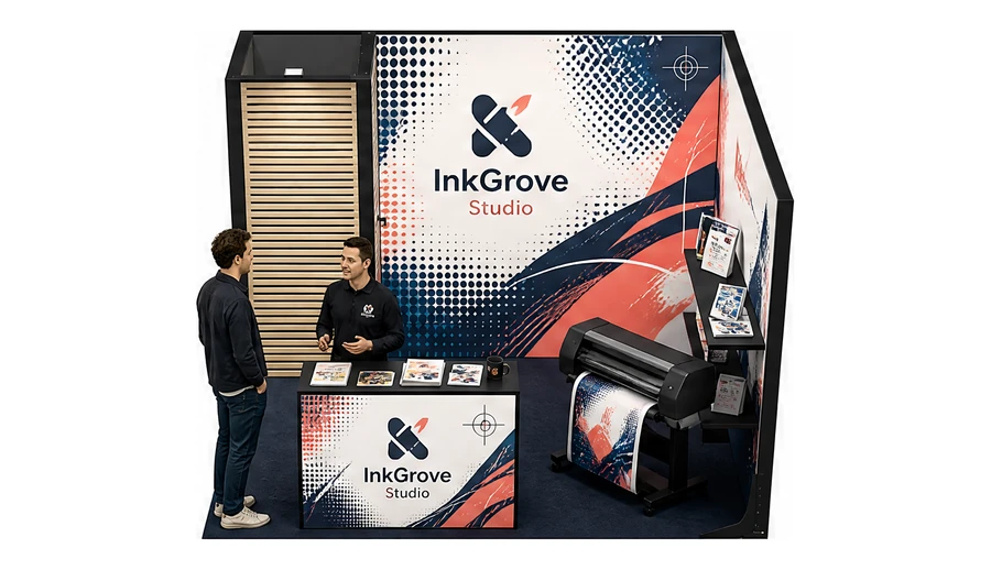 Stoisko 3 × 3 m narożne prawe dla branży reklama i druk, przykładowa marka InkGrove Studio