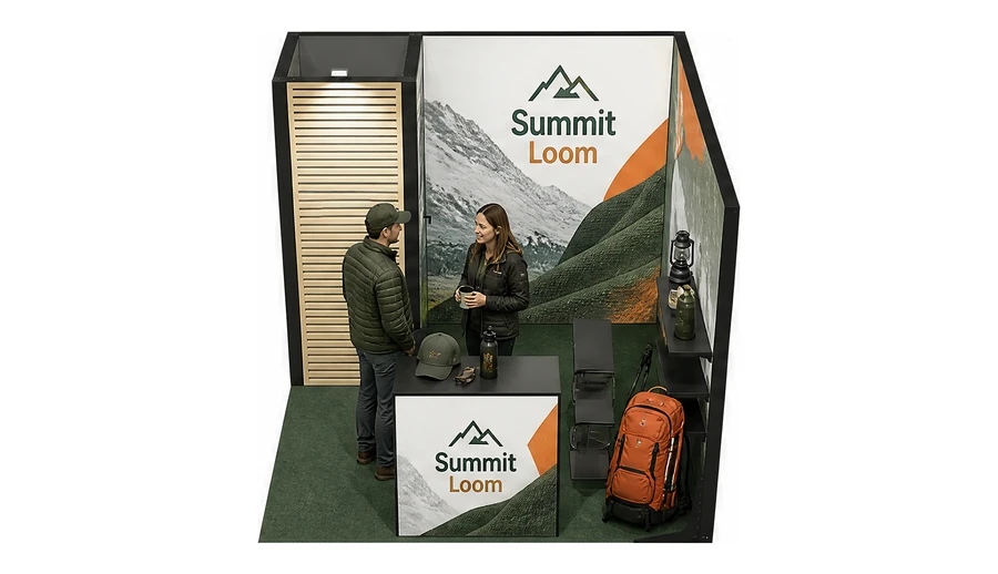 Stoisko 3 × 3 m narożne prawe dla branży odzież i sprzęt outdoorowy, przykładowa marka Summit Loom