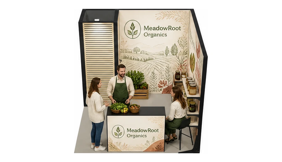 Stoisko 3 × 3 m narożne prawe dla branży żywność ekologiczna, przykładowa marka MeadowRoot Organics
