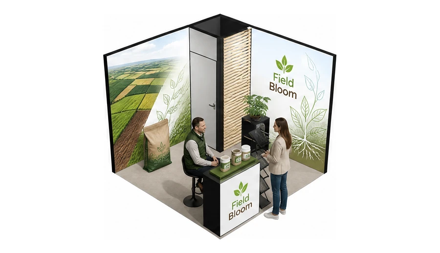 Stoisko 3 × 3 m narożne prawe dla branży nawozy i ochrona roślin, przykładowa marka Field Bloom