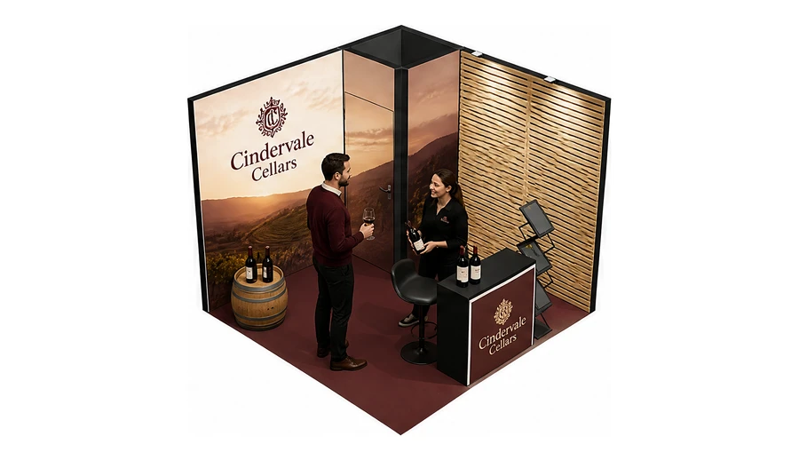 Stoisko 3 × 3 m narożne prawe dla branży winnica, przykładowa marka Cindervale Cellars