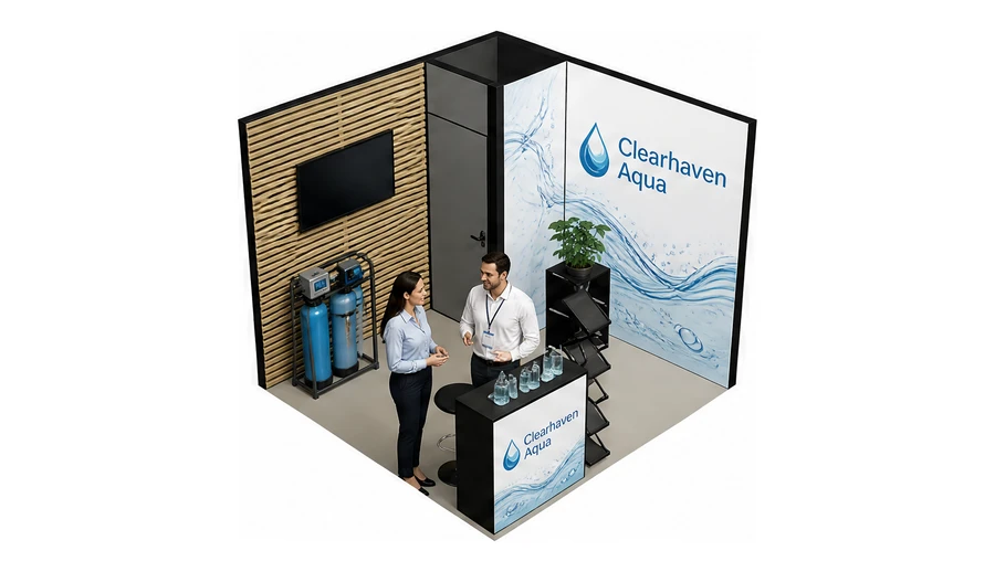 Stoisko 3 × 3 m narożne prawe dla branży technologie wodne, przykładowa marka Clearhaven Aqua