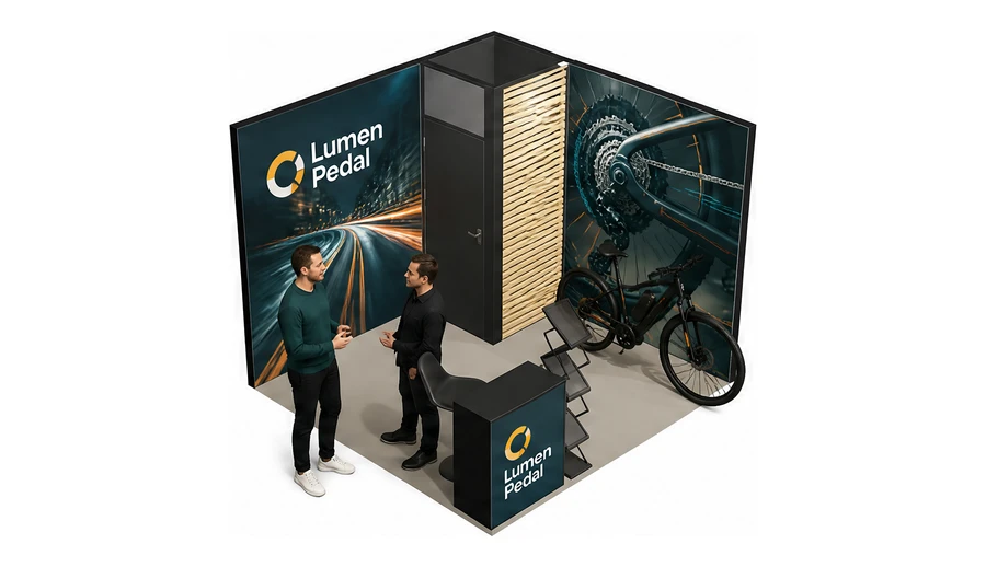 Stoisko 3 × 3 m narożne prawe dla branży rowery elektryczne, przykładowa marka Lumen Pedal