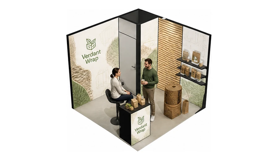 Stoisko 3 × 3 m narożne prawe dla branży opakowania ekologiczne, przykładowa marka Verdant Wrap