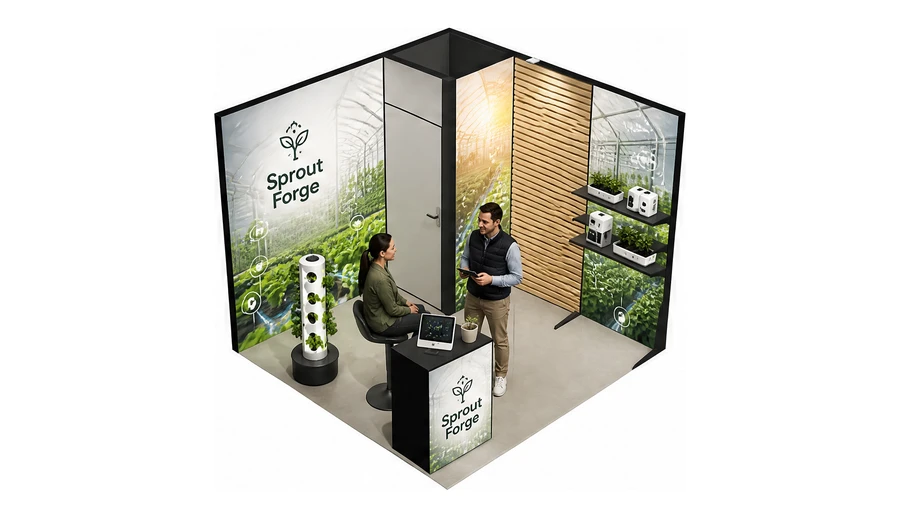 Stoisko 3 × 3 m narożne prawe dla branży sadownictwo i warzywnictwo, przykładowa marka Sprout Forge