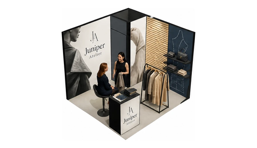 Stoisko 3 × 3 m narożne prawe dla branży odzież i moda, przykładowa marka Juniper Atelier
