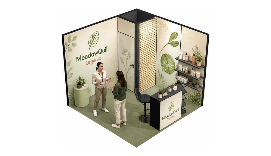 Stoisko 3 × 3 m narożne prawe dla branży kosmetyki naturalne, przykładowa marka MeadowQuill Organic