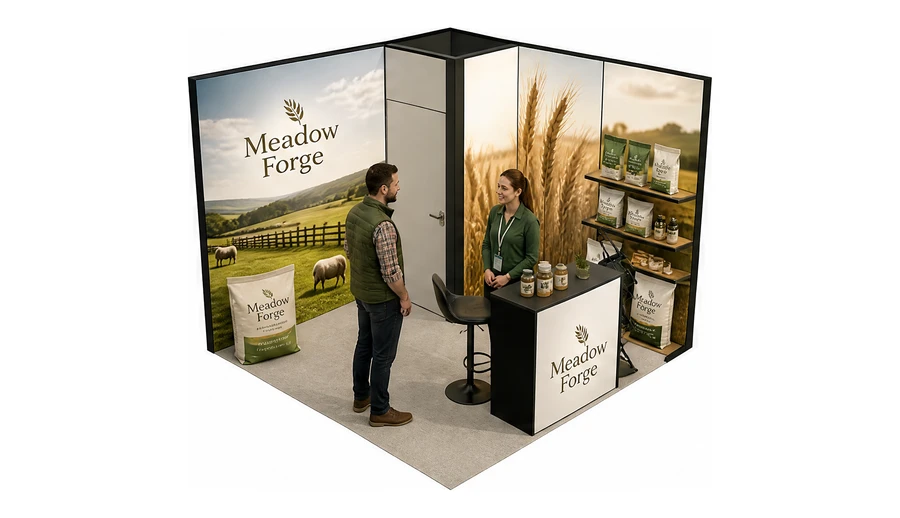 Stoisko 3 × 3 m narożne prawe dla branży hodowla i pasze, przykładowa marka Meadow Forge