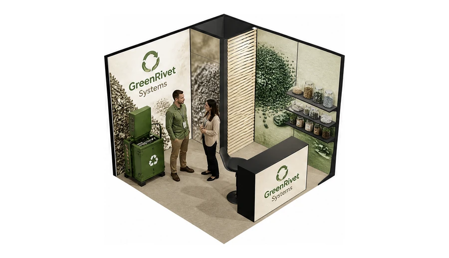 Stoisko 3 × 3 m narożne prawe dla branży recykling i ochrona środowiska, przykładowa marka GreenRivet Systems