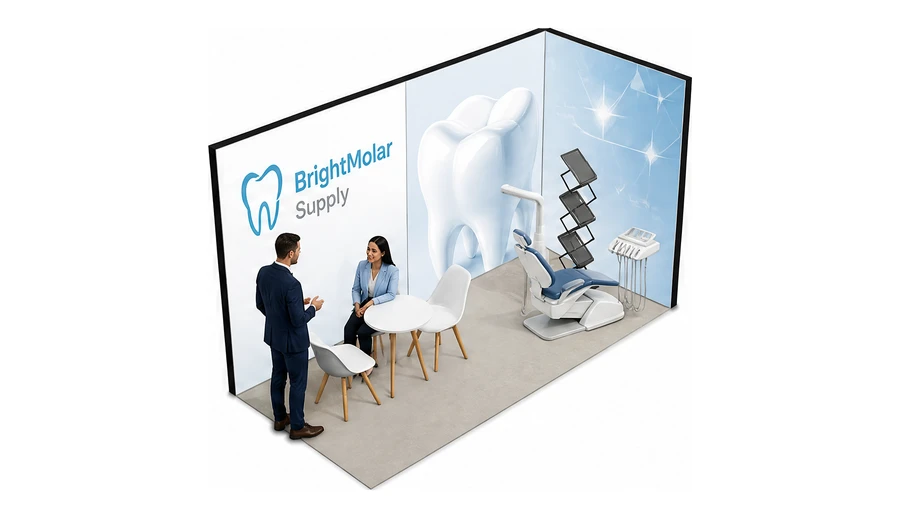 Stoisko 4 × 2 m narożne prawe dla branży stomatologia, przykładowa marka BrightMolar Supply
