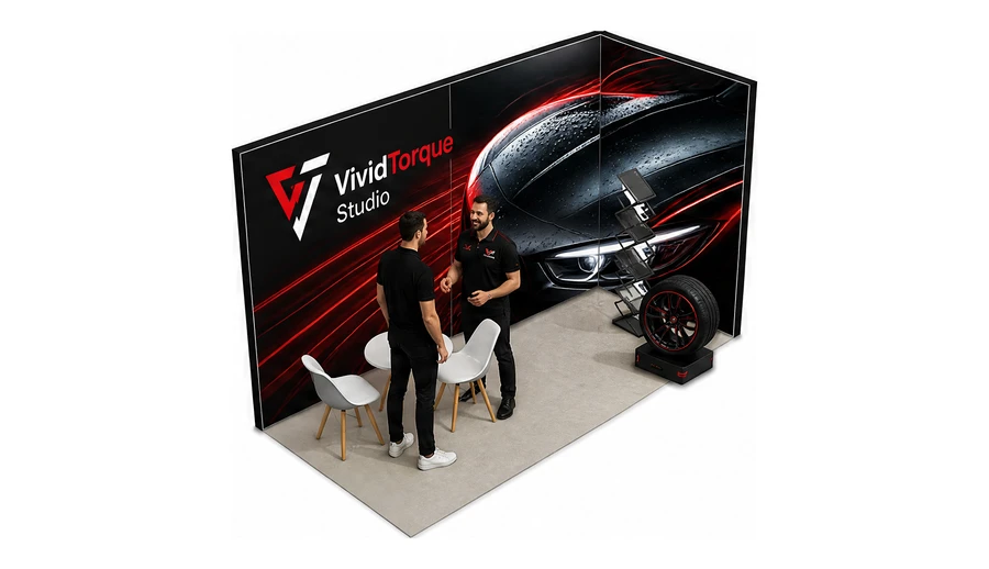 Stoisko 4 × 2 m narożne prawe dla branży tuning i detailing, przykładowa marka VividTorque Studio