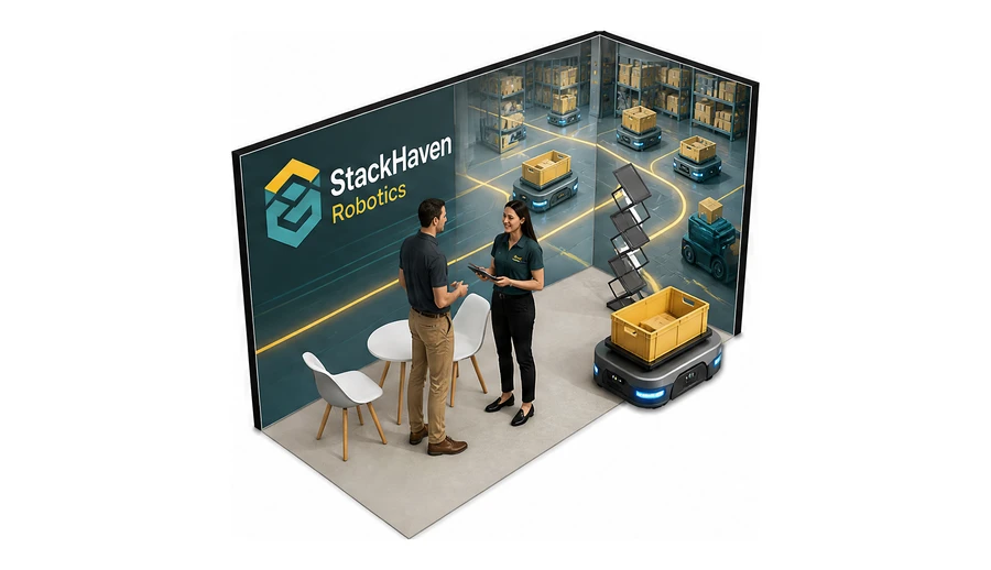 Stoisko 4 × 2 m narożne prawe dla branży intralogistyka i magazyn, przykładowa marka StackHaven Robotics