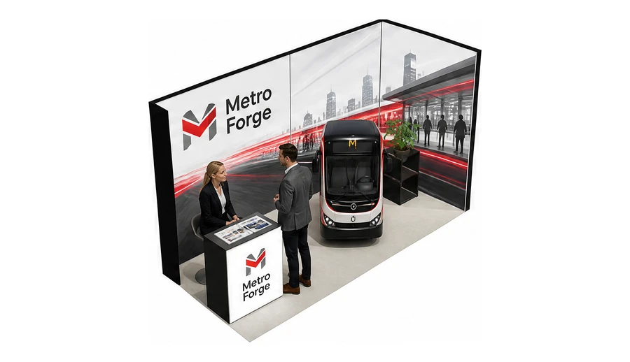Stoisko 4 × 2 m narożne prawe dla branży autobusy i transport zbiorowy, przykładowa marka Metro Forge
