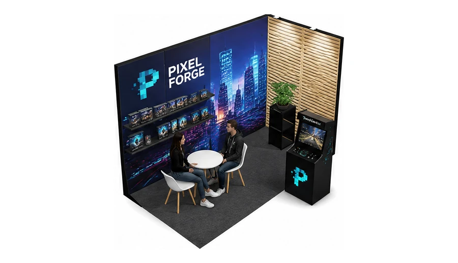 Stoisko 4 × 2 m narożne prawe dla branży gry wideo, przykładowa marka Pixel Forge